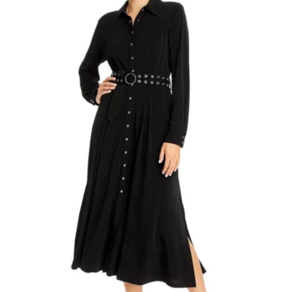 T Tahari Black Midi Shirtdress Jersey Knit Grommet Belt Snaps - Picture 1 of 11